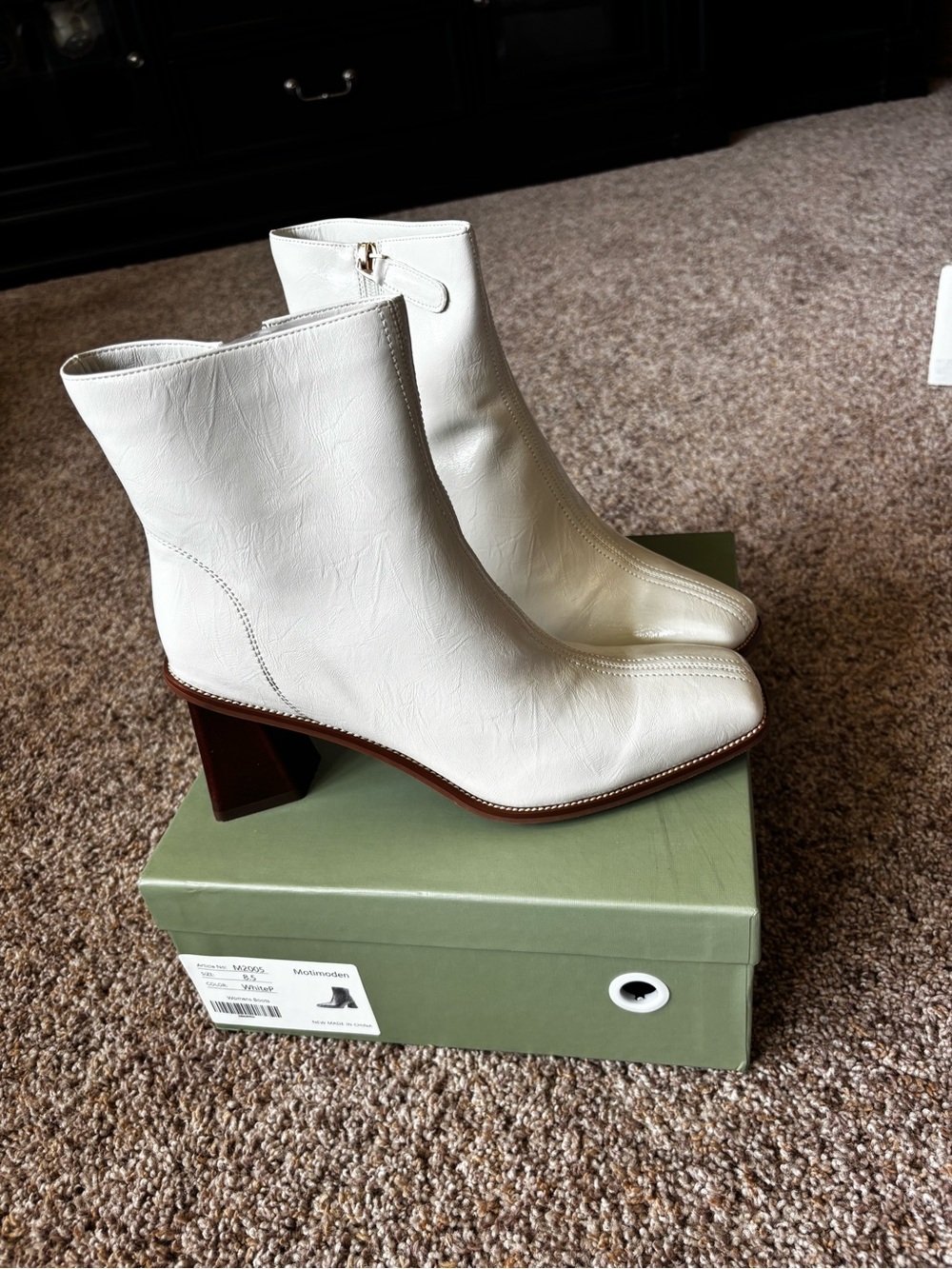 White Leather Block Heel Ankle Boots - Women's